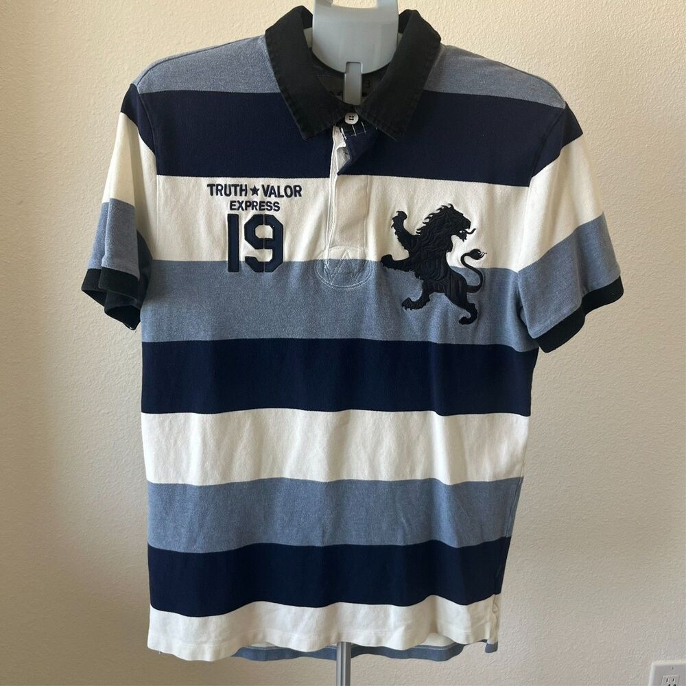VTG Express Fitted Polo Blue Striped Shirt Big Logo Embroidered XL Rugby Bloke‎